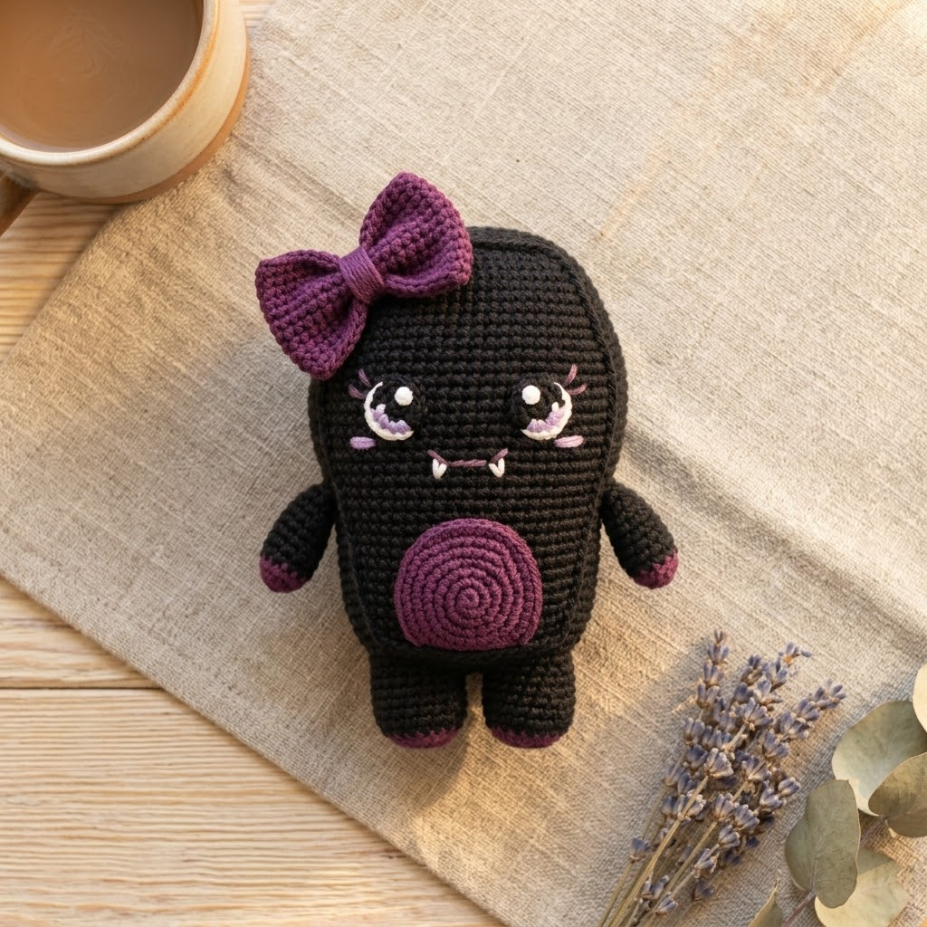Coffin Crochet Plush, Spooky Cute Monster Amigurumi With Tiny Fangs, Purple Bow