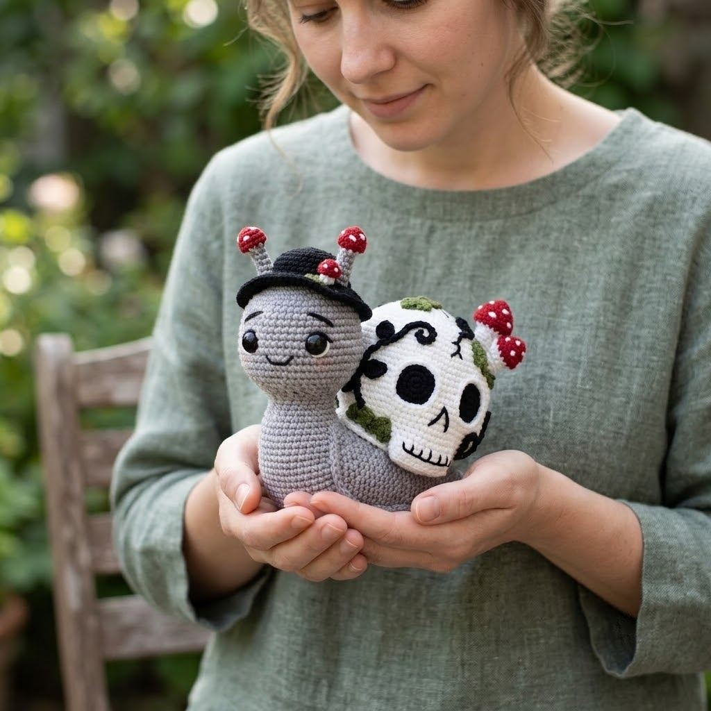 Skull Snail Crochet Doll, Gothic Mushroom Amigurumi Plush, Handmade Halloween Decor