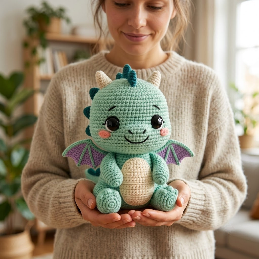 Adorable Baby Dragon Crochet Doll, Handmade Fantasy Plush With Tiny Horns