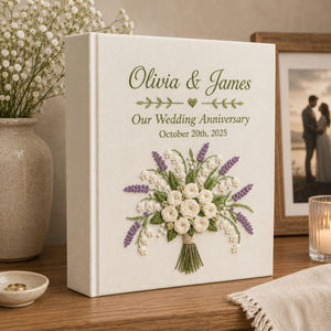 Personalized lavender lily bouquet hand embroidered photo album with custom names and anniversary date on linen cover