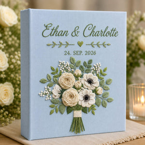 Personalized bridal bouquet hand embroidered photo album with custom names and wedding date on linen cover
