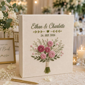 Personalized pink ranunculus bouquet hand embroidered photo album with custom names and wedding date on linen cover