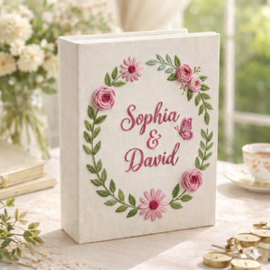 Personalized pink floral wreath hand embroidered photo album with butterfly accent and custom names on linen cover
