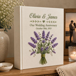 Personalized lavender bouquet hand embroidered photo album with custom names and anniversary date on linen cover