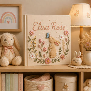 Custom Embroidered Bunny Baby Photo Album, Personalized Rabbit Floral Keepsake Book Baby Girl, Bunny Keepsake Album, Baby Girl Shower Gift