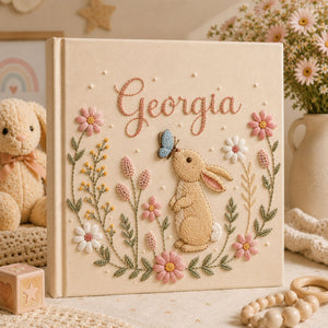 Custom Embroidered Bunny Baby Photo Album, Personalized Rabbit Floral Keepsake Book Baby Girl, Bunny Keepsake Album, Baby Girl Shower Gift