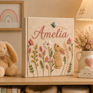 Custom Embroidered Bunny Baby Photo Album, Personalized Rabbit Floral Keepsake Book Baby Girl, Bunny Keepsake Album, Baby Girl Shower Gift