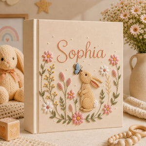 Custom Embroidered Bunny Baby Photo Album, Personalized Rabbit Floral Keepsake Book Baby Girl, Bunny Keepsake Album, Baby Girl Shower Gift