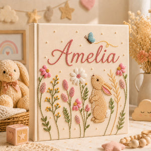 Custom Embroidered Bunny Baby Photo Album, Personalized Rabbit Floral Keepsake Book Baby Girl, Bunny Keepsake Album, Baby Girl Shower Gift