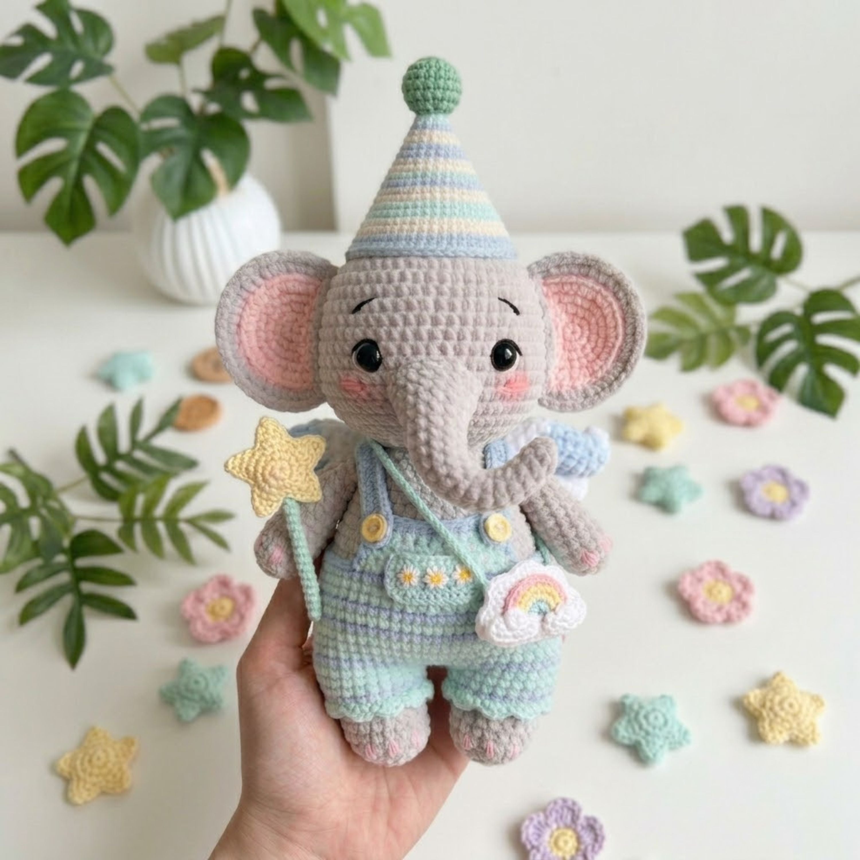 Crochet Elephant Amigurumi Plush, Handmade Pastel Stuffed Toy, Cute Star Wand Nursery Decor, Custom 4-12 Inch Soft Gift For Kids' Room Decor