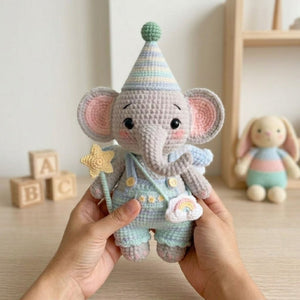 Crochet Elephant Amigurumi Plush, Handmade Pastel Stuffed Toy, Cute Star Wand Nursery Decor, Custom 4-12 Inch Soft Gift For Kids' Room Decor