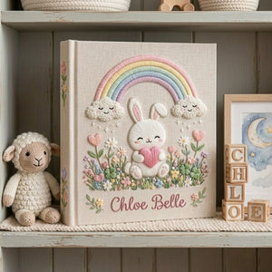 Hand Embroidered Baby Photo Album, Personalized Baby Name Album, Bunny Rainbow Memory Book, Newborn Keepsake Gift