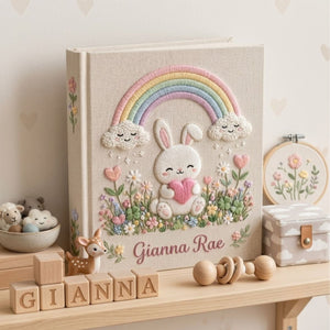 Hand Embroidered Baby Photo Album, Personalized Baby Name Album, Bunny Rainbow Memory Book, Newborn Keepsake Gift