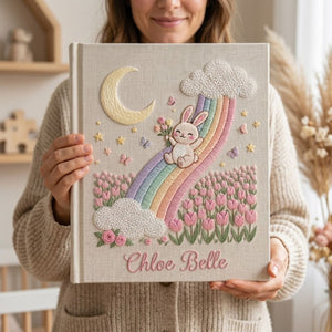 Hand Embroidered Baby Photo Album, Personalized Baby Album, Custom Name Memory Book, Bunny Rainbow Tulip Keepsake Gift