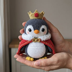 Crochet King Penguin Amigurumi Plush, Handmade Royal Bird Stuffed Toy, Cute Crown Cape Nursery Decor, Custom 4 to 12 Inch Gift For Kids Room