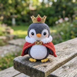 Crochet King Penguin Amigurumi Plush, Handmade Royal Bird Stuffed Toy, Cute Crown Cape Nursery Decor, Custom 4 to 12 Inch Gift For Kids Room