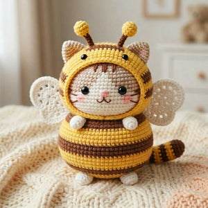 Crochet Bee Cat Amigurumi Plush, Handmade Bumblebee Kitty Stuffed Toy, Cute Nursery Decor, Custom 4-12 Inch Soft Gift For Kids Room Plush