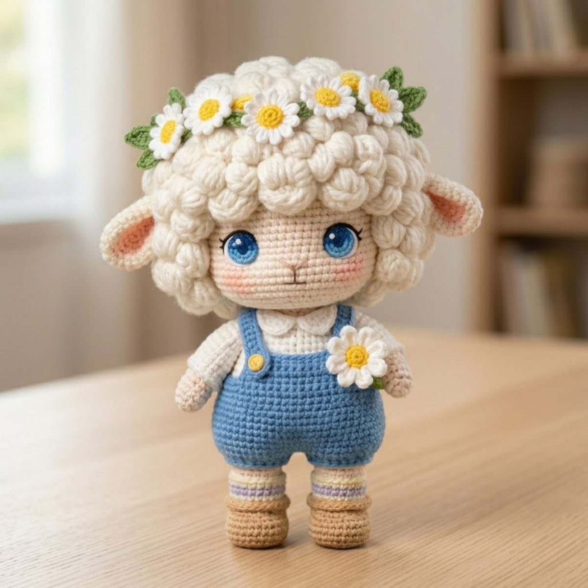 Crochet Lamb Plush, Handmade Amigurumi Sheep Doll With Daisy Flower Crown, Blue Overalls, Cottagecore Nursery Toy, 4-12 Inch Baby Gift Dolls