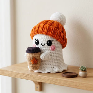 Crochet Ghost Plush, Handmade Amigurumi Fall Ghost With Orange Beanie & Coffee Cup, Spooky Cute Nursery Toy, 4-12 Inch Autumn Gift Decor Toy