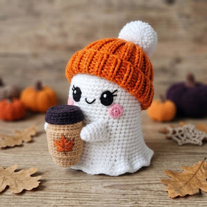 Crochet Ghost Plush, Handmade Amigurumi Fall Ghost With Orange Beanie & Coffee Cup, Spooky Cute Nursery Toy, 4-12 Inch Autumn Gift Decor Toy