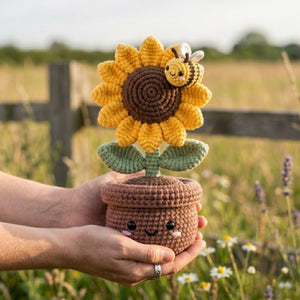 Crochet Sunflower Pot Plush, Handmade Amigurumi Flower With Bee, Cute Cottagecore Nursery Toy, Spring Garden Decor Gift, 4-12 Inch Doll Toy
