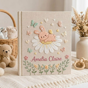 Hand Embroidered Baby Photo Album, Personalized Baby Memory Book, Custom Name Bunny Daisy Album, Baby Shower Gift Keepsake