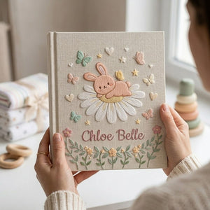 Hand Embroidered Baby Photo Album, Personalized Baby Memory Book, Custom Name Bunny Daisy Album, Baby Shower Gift Keepsake