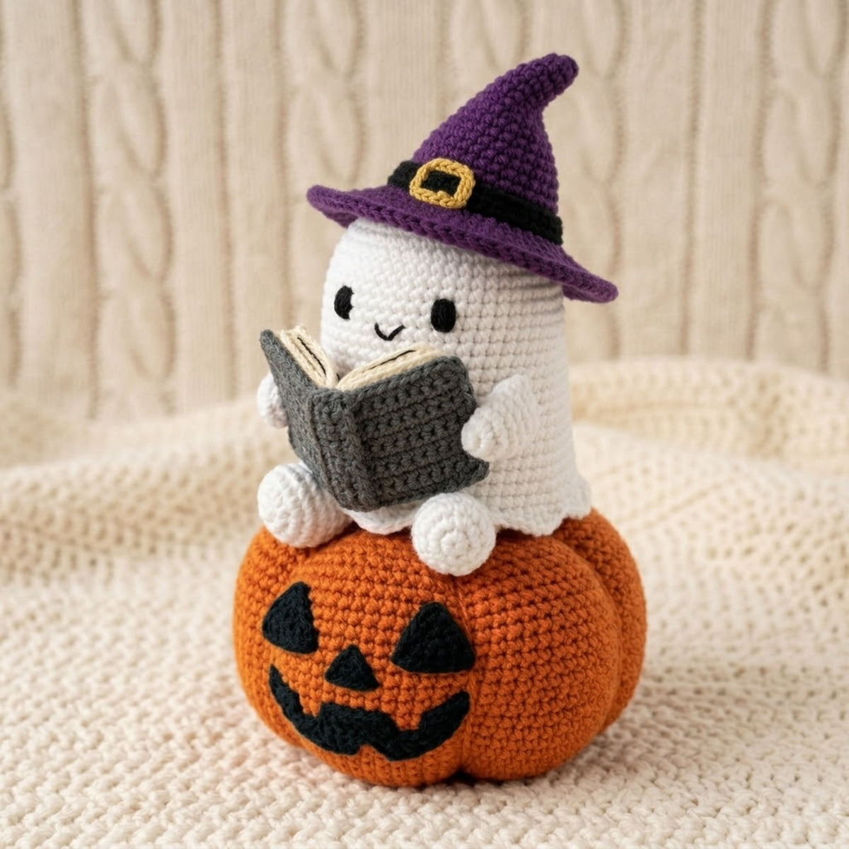 Crochet Ghost Witch Plush, Handmade Amigurumi Ghost on Pumpkin With Spell Book, Spooky Cute Nursery Toy, Halloween Gift Decor, 4-12 In Doll
