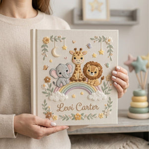 Hand Embroidered Baby Photo Album, Personalized Safari Baby Memory Book, Custom Name Rainbow Animal Keepsake, Baby Shower Gift