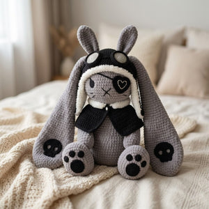 Crochet Gothic Bunny Plush, Handmade Amigurumi Rabbit Doll With Skull Ears, Dark Kawaii Nursery Toy, Cute 6-14 Inch Gift Doll Decor Plushies