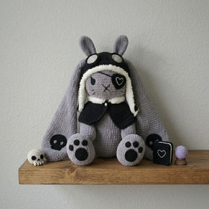 Crochet Gothic Bunny Plush, Handmade Amigurumi Rabbit Doll With Skull Ears, Dark Kawaii Nursery Toy, Cute 6-14 Inch Gift Doll Decor Plushies
