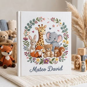 Hand Embroidered Baby Photo Album, Personalized Baby Album, Custom Name Baby Memory Book, Woodland Safari Animals Gift