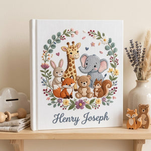 Hand Embroidered Baby Photo Album, Personalized Baby Album, Custom Name Baby Memory Book, Woodland Safari Animals Gift
