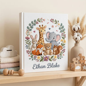 Hand Embroidered Baby Photo Album, Personalized Baby Album, Custom Name Baby Memory Book, Woodland Safari Animals Gift