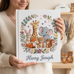 Hand Embroidered Baby Photo Album, Personalized Baby Album, Custom Name Baby Memory Book, Woodland Safari Animals Gift