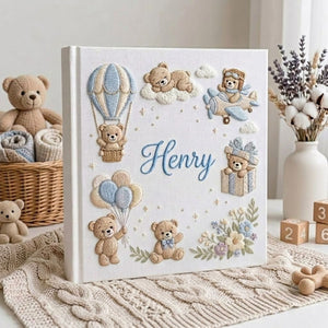 Hand Embroidered Baby Photo Album, Personalized Teddy Bear Baby Album, Custom Name Memory Book, Hot Air Balloon Nursery Gift