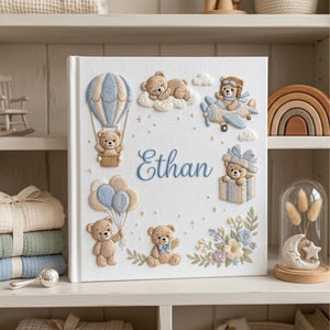 Hand Embroidered Baby Photo Album, Personalized Teddy Bear Baby Album, Custom Name Memory Book, Hot Air Balloon Nursery Gift