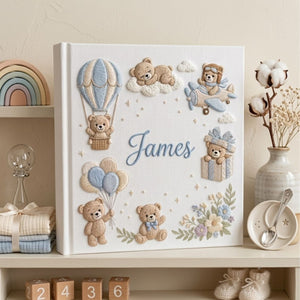 Hand Embroidered Baby Photo Album, Personalized Teddy Bear Baby Album, Custom Name Memory Book, Hot Air Balloon Nursery Gift