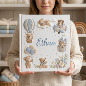 Hand Embroidered Baby Photo Album, Personalized Teddy Bear Baby Album, Custom Name Memory Book, Hot Air Balloon Nursery Gift