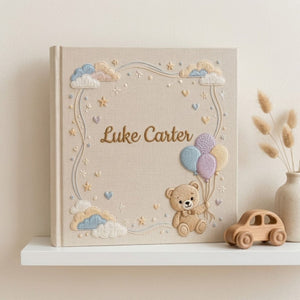 Hand Embroidered Baby Photo Album, Custom Baby Name Album, Teddy Bear Balloon Keepsake Book, Personalized Newborn Gift, Baby Memory Book