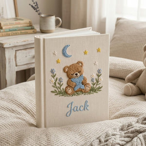 Personalized Baby Photo Album, Hand Embroidered Dinosaur Memory Book, Custom Name Keepsake, Woodland Nursery Gift, Newborn, Baby Shower Gift