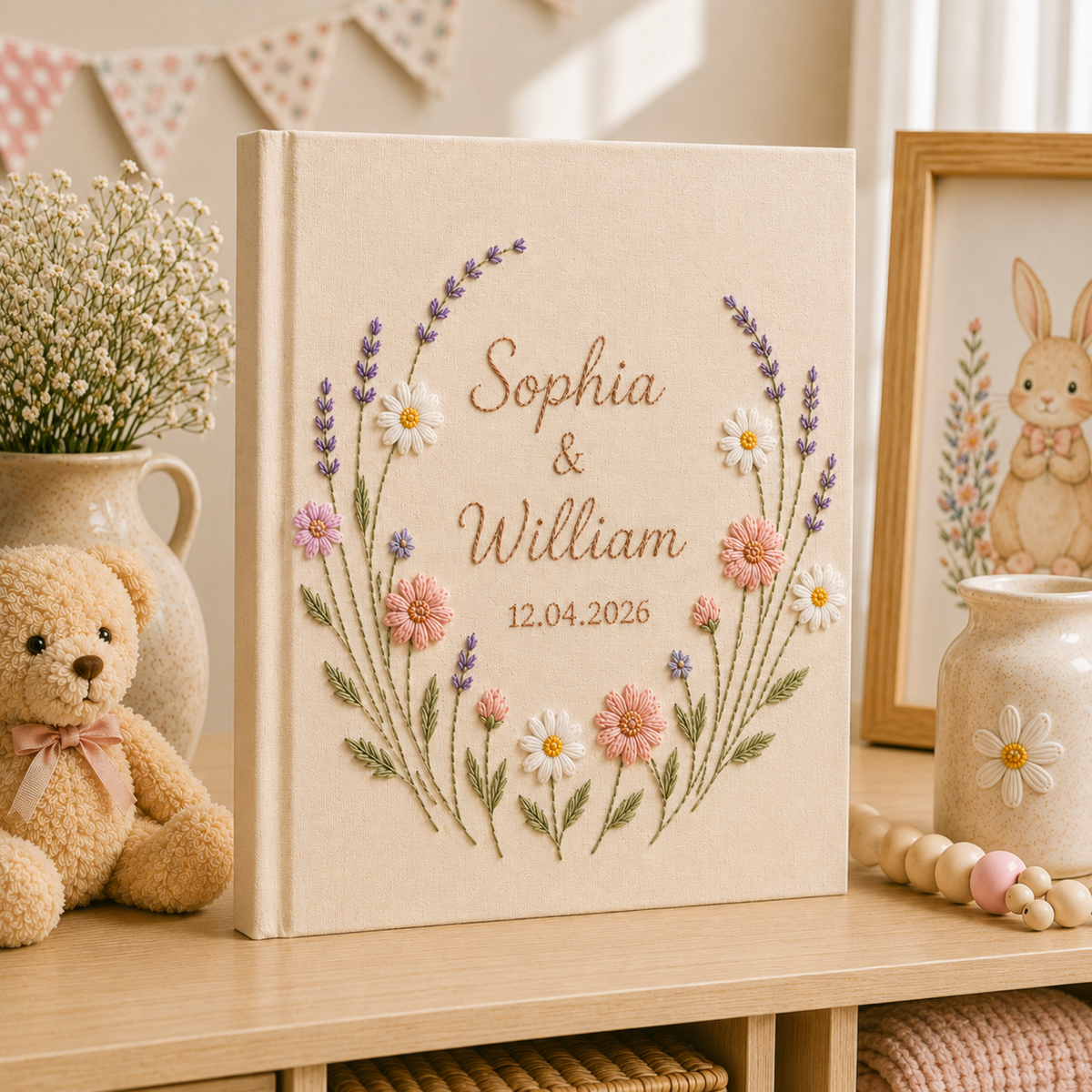 Custom Hand Embroidered Photo Album With Sleeves, Wedding Photo Album, Couple Photo Album, Baby Photo Album, Flower Embroidered Photo Album