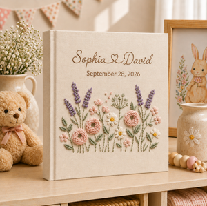 Custom Hand Embroidered Floral Wedding Photo Album, Personalized Wedding Memory Book, Linen Album Anniversary Gift, Couple Keepsake Album