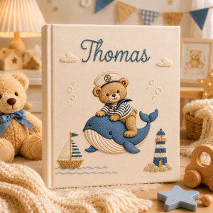 Custom Embroidered Sailor Teddy Bear Baby Photo Album, Embroidered Teddy Bear Name Keepsake Book, Nautical Whale Baby Album,Baby Shower Gift