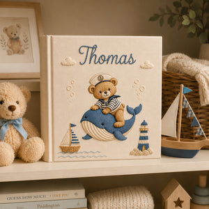 Custom Embroidered Sailor Teddy Bear Baby Photo Album, Embroidered Teddy Bear Name Keepsake Book, Nautical Whale Baby Album,Baby Shower Gift