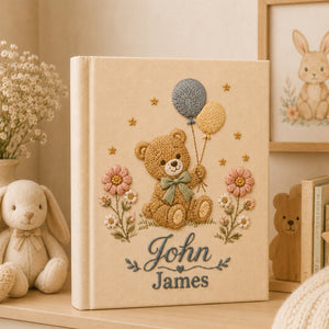 Personalized Teddy Bear Baby Photo Album, Embroidered Bear Floral Balloon Baby Book, Custom Name Newborn Album Keepsake, Baby Shower Gift