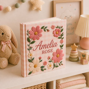 Hand Embroidered Floral Baby Photo Album, Embroidered Wildflower Memory Baby Book, Custom Name Pink Album Keepsake, Newborn Gift