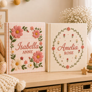 Hand Embroidered Floral Baby Photo Album, Embroidered Wildflower Memory Baby Book, Custom Name Pink Album Keepsake, Newborn Gift