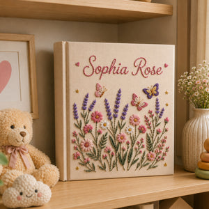 Personalized Wildflower Embroidered Baby Photo Album, Custom Name Floral Memory Book, Butterfly Newborn Album Keepsake, Baby Shower Gift