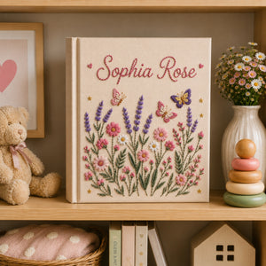 Personalized Wildflower Embroidered Baby Photo Album, Custom Name Floral Memory Book, Butterfly Newborn Album Keepsake, Baby Shower Gift
